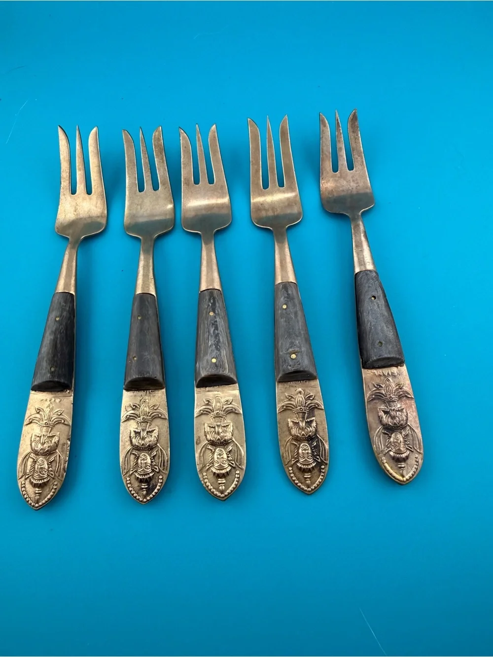 Antique-Style Brass and Dark Wood Dessert Forks - Set of 5